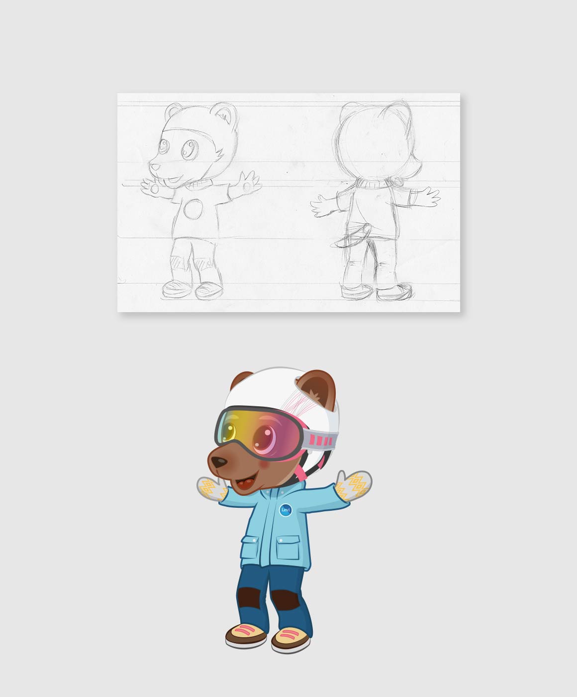 Leevi – character design 2 Luonnos Leevistä edestä ja takaa sekä Leevi talviasussa